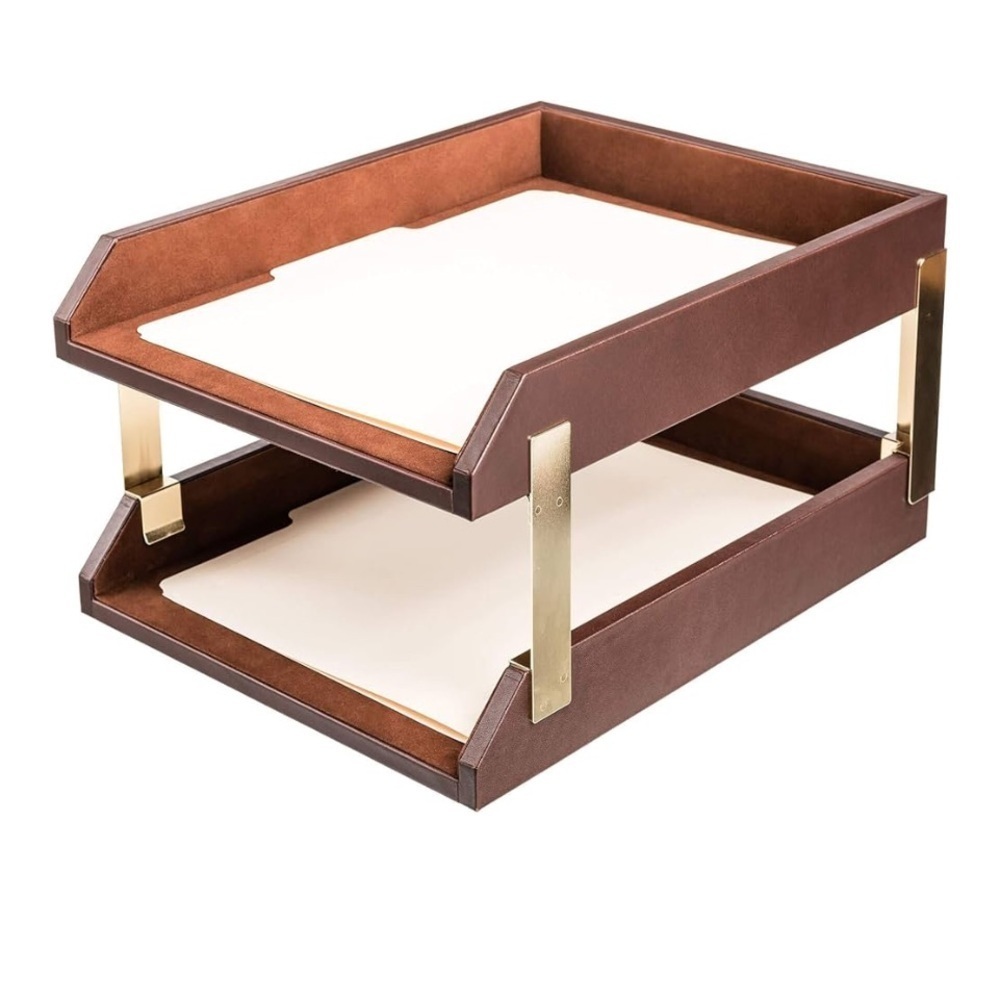 NWT - Dacasso Leather Double Letter Trays, Chocolate Brown (A3420)